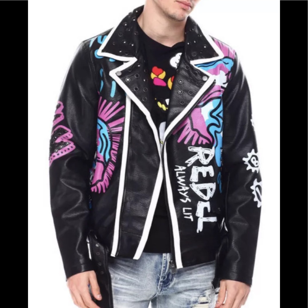 REBEL MENS BLACK PUNK SKULL BIKER JACKET FAUX LEATHER SZ 3XL Nwot.fits like a 2x